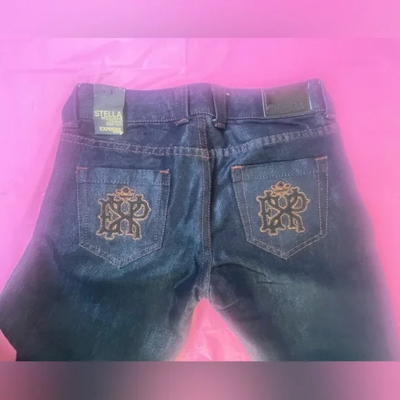 METALLIC BLUE SHINY JEANS BY EXPRESS MODEL STELLA NWT SIZE 0 - Picture 1 of 16